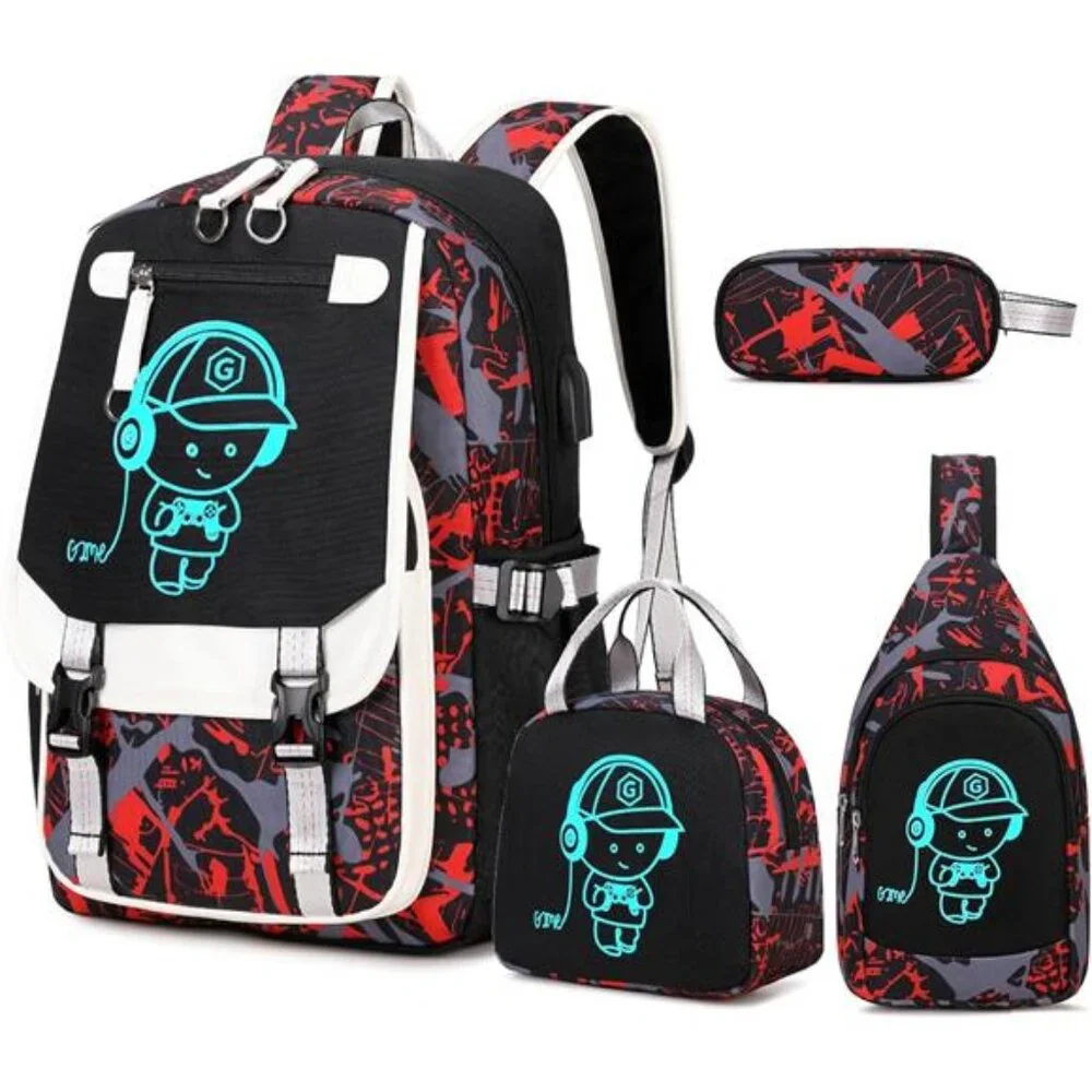 Kids Backpack Cool Luminous Backpack with Sling Bag Lunch Box & Pen Case Set